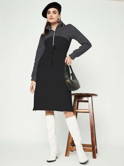 BRINNS - Women Black Mock Neck Long Sleeves Cotton A-Line Knee Length Dress