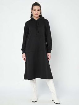 BRINNS - Women Black Hood Cuffed Sleeves A-Line Midi Dress