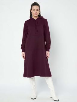 BRINNS - Women Maroon Hood Cuffed Sleeves A-Line Midi Dress