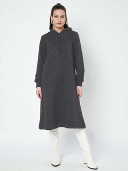 BRINNS - Women Charcoal Hood Cuffed Sleeves A-Line Midi Dress