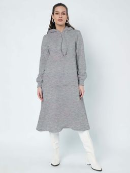 BRINNS - Women Grey Hood Cuffed Sleeves A-Line Midi Dress