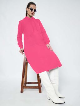 BRINNS - Women Red Hood Cuffed Sleeves A-Line Midi Dress