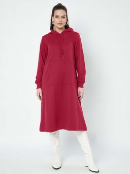 BRINNS - Women Maroon Hood Cuffed Sleeves A-Line Midi Dress