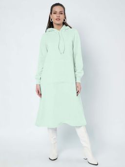 BRINNS - Women Green Hood Cuffed Sleeves A-Line Midi Dress