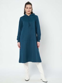 BRINNS - Women Hood Cuffed Sleeves A-Line Midi Dress