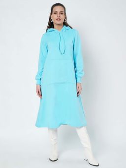 BRINNS - Women Turquoise Hood Cuffed Sleeves A-Line Midi Dress