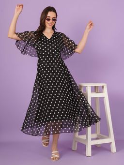 Curvydrobe - Women Black Polka Dot Print Maxi A Line Dress