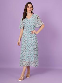 Curvydrobe - Blue Floral Print Maxi A Line Dress