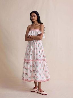 MISS MOSA BY AKANKSHA - Henna Off Shoulder Floral White Midi Dress