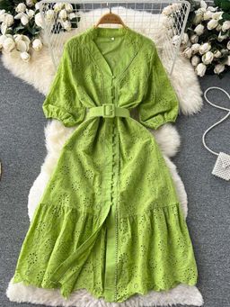 MISS MOSA BY AKANKSHA - Sansa Eyelet Cotton Green Midi Dress