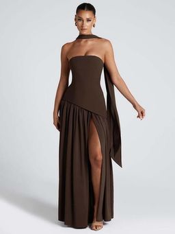 MISS MOSA BY AKANKSHA - Sofiya Off Shoulder Slit Brown Maxi Dress with Scarf (Set of 2)