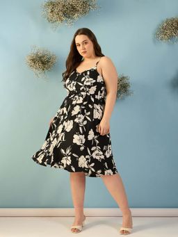 Kibo - Floral Print Crepe Fit And Flare Black Midi Dress