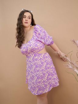 Kibo - Floral Print Half Sleeve Georgette Lavender Knee Length Dress