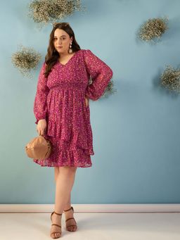 Kibo - Floral Print Balloon Sleeve Chiffon Pink Knee Length Dress