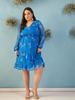 Kibo - Floral Print Chiffon Blue Knee Length dress