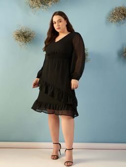Kibo - Balloon Sleeve Chiffon Black Knee Length Dress