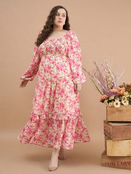 Kibo - Floral Printed Balloon Sleeve Smocked Detail Tiered Pink Maxi Dress