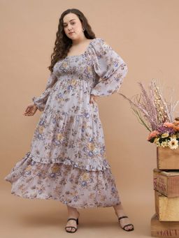 Kibo - Women Floral Print Balloon Sleeve Georgette Grey Maxi Dress