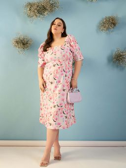 Kibo - Floral Print Crepe Pink Midi Dress