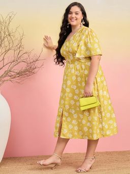 Kibo - Women Floral Print Flared Sleeve Fit And Flare Mustard Midi Dress