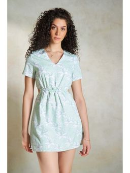 Virgio - Women Green Pure Cotton Floral Waist Cutout Mini Dress