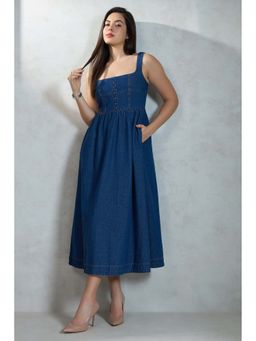 Virgio - Women Blue Pure Cotton Denim Flared Midi Dress