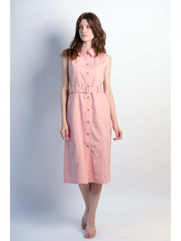 Virgio - Women Pink Pure Cotton Front Open Twill Midi Dress With Belt (Set of 2)