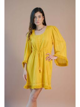 Virgio - Women Yellow Pure Cotton Tie-Up Waist Bell Sleeve Mini Dress