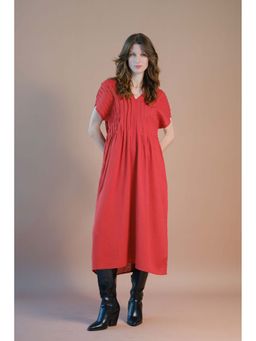 Virgio - Women Red Linen Pintuck Kaftan Tie-Up Back Maxi Dress