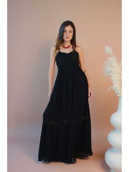 Virgio - Women Black Pure Viscose Strappy Lace Style Maxi Dress