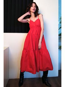 Virgio - Women Red Pure Cotton Back Tie-Up Detail Tier Maxi Dress