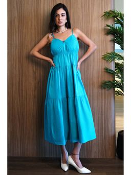 Virgio - Women Turquoise Pure Cotton Back Tie-Up Detail Tier Maxi Dress