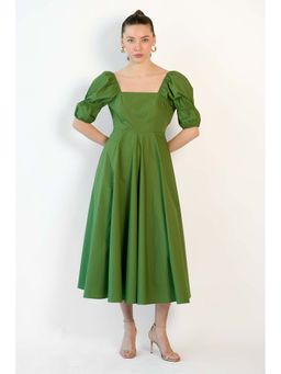 Virgio - Women Green Pure Cotton Square Neck Puff Midi Dress