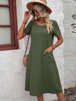 Outzidr - Green Short Sleeve A-Line Casual Knee Length Dress