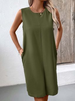 Outzidr - Green Crew Neck Sleeveless Shift Knee Length Dress