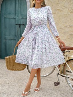 Outzidr - Purple Printed Crew Neck Midi Dress