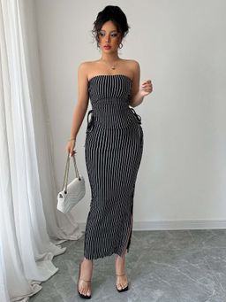 Outzidr - Black Strapless Bodycon Party Maxi Dress