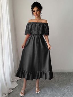 Outzidr - Black Off-Shoulder Ruffle Midi Dress