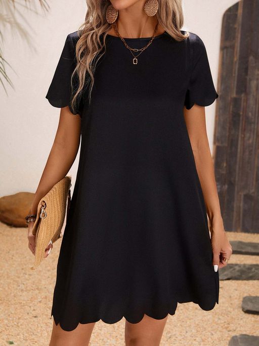 Buy Outzidr Black Scallop Hem Loose Casual Mini Dress (S) Online