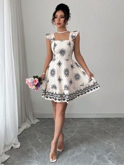 Outzidr - White Printed Ruffle Sleeve Mini Dress