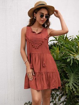 Outzidr - Rust Boho Tiered Mini Dress