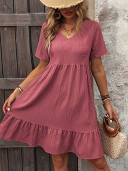 Outzidr - Red V-Neck Short Sleeve Flowy Knee Length Dress