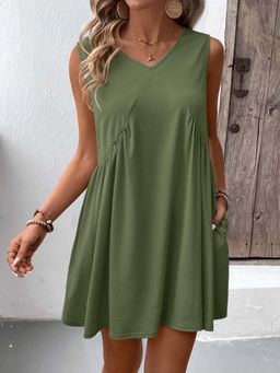 Outzidr - Green Solid V-Neck Mini Dress
