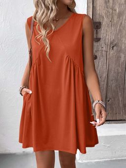 Outzidr - Orange Solid V-Neck Mini Dress