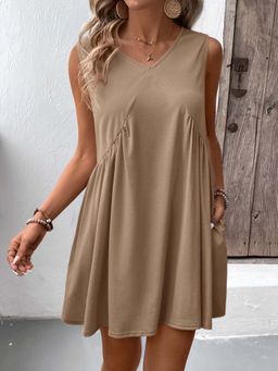 Outzidr - Khaki Solid V-Neck Mini Dress