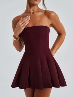 Outzidr - Wine Strapless Neck Skater Party Mini Dress