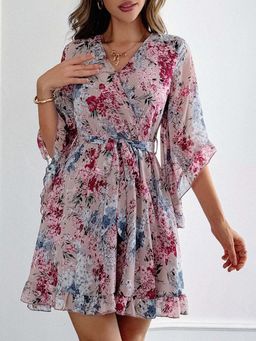 Outzidr - Pink V-Neck Bell Sleeves Mini Dress