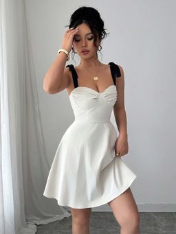 Outzidr - Cream Tie-Up Straps Skater Mini Dress