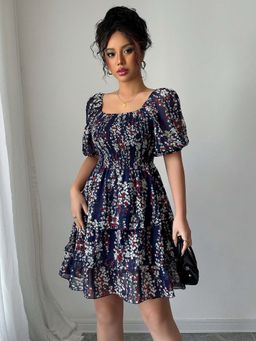 Outzidr - Blue Puff Sleeved Skater Mini Dress