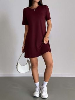 Outzidr - Maroon Round Neck Loose Casual Mini Dress
